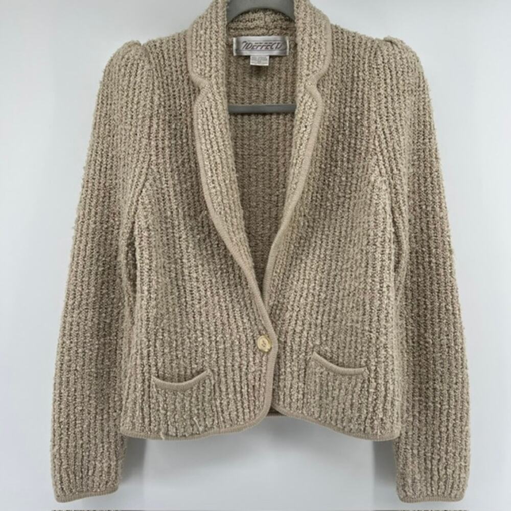 VTG 90s Chunky Knit Sweater Blazer Womens M Oatmeal Beige Cardigan Puff Sleeve